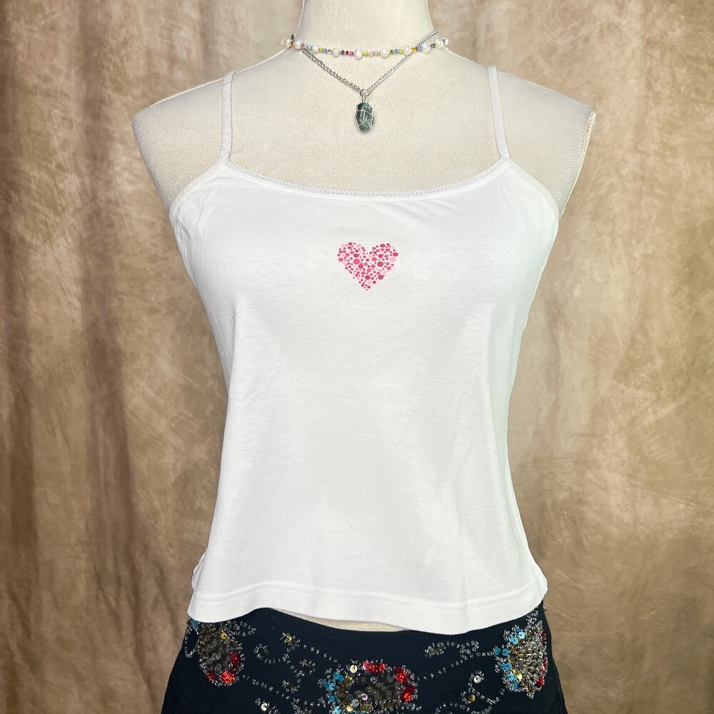 Vintage Y2K Pink Heart Cami Tank Top White Sleeveless Baby Tee Indie McBling